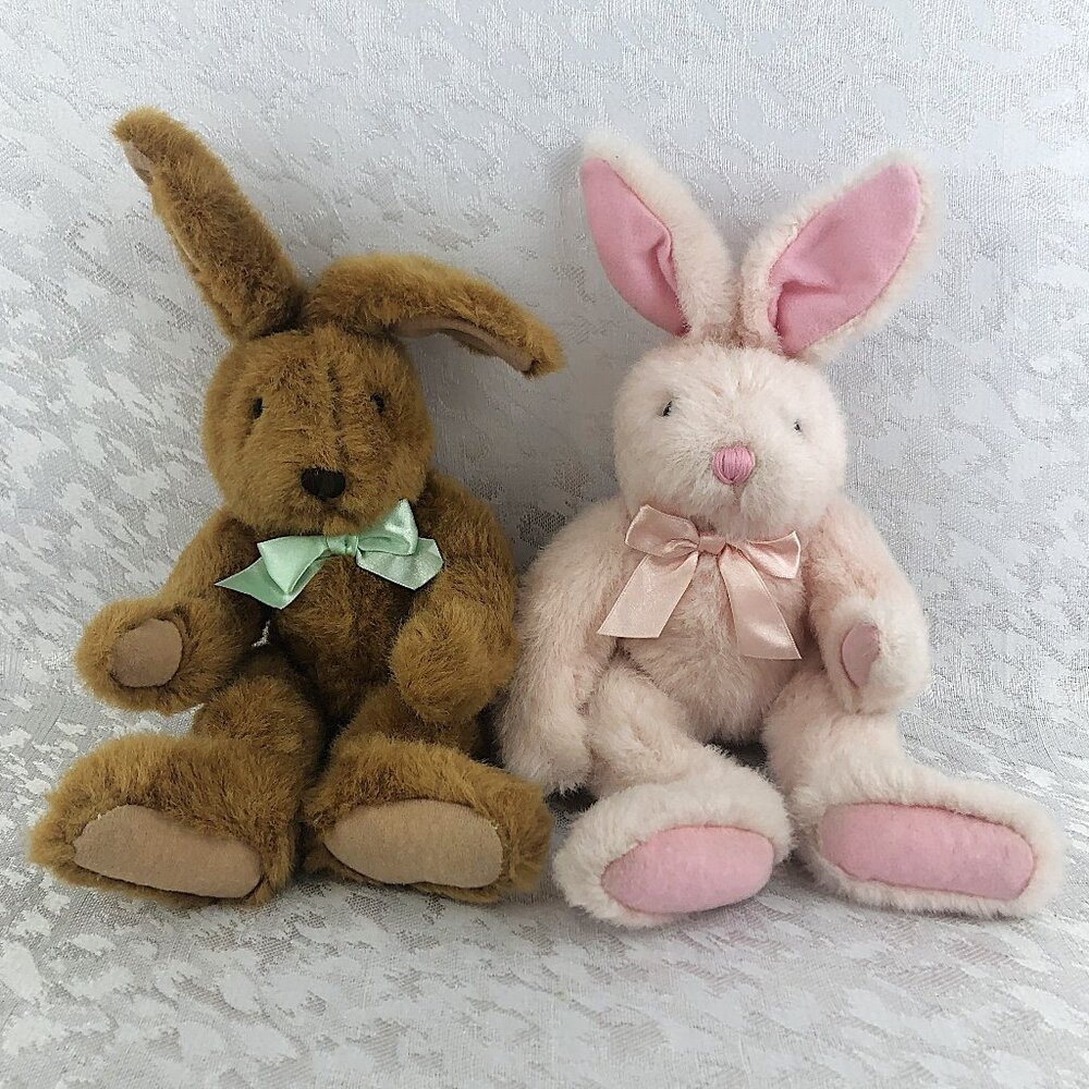 Chrisha Playful Plush Vintage 1988 Bunny Pair Brown & Pink Easter Plush Set 12”